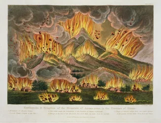 Jordbävning och utbrott av berget Asama-yama, i provinsen Sinano, från "Illustrationer av Japan" av Isaac Titsingh (ca 1740-1812) publicerad i London, 1822